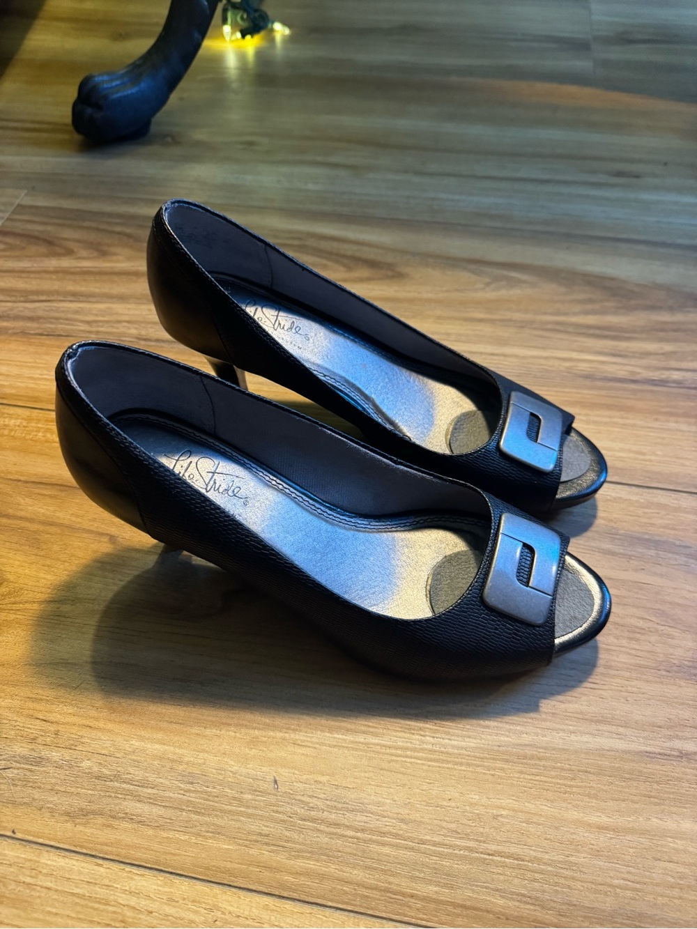 Life Stride Black Peep-Toe Heels with Decorative Accent